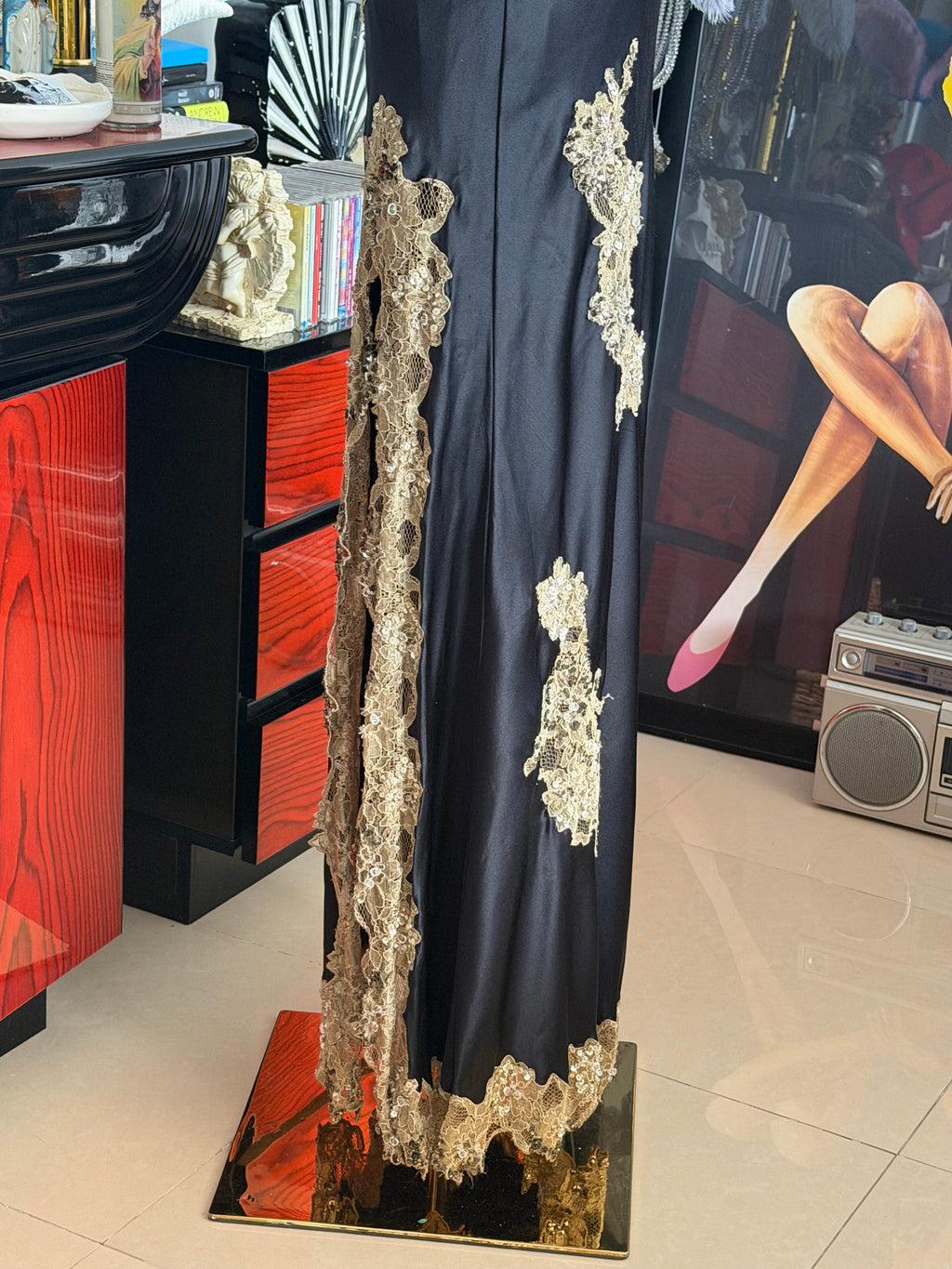 Vintage Caché Black & Gold Embellished Lace Evening Gown