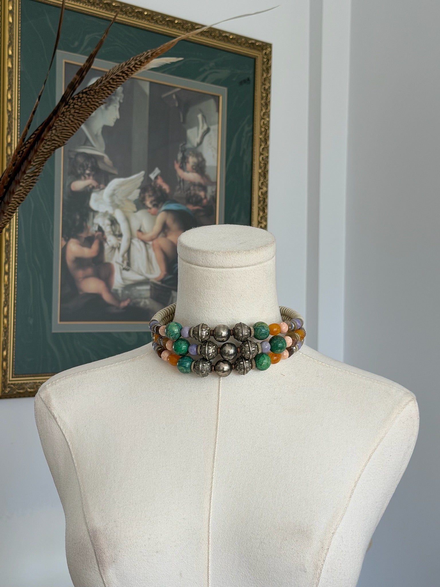 Multi Strand Green Glass Bead Necklace