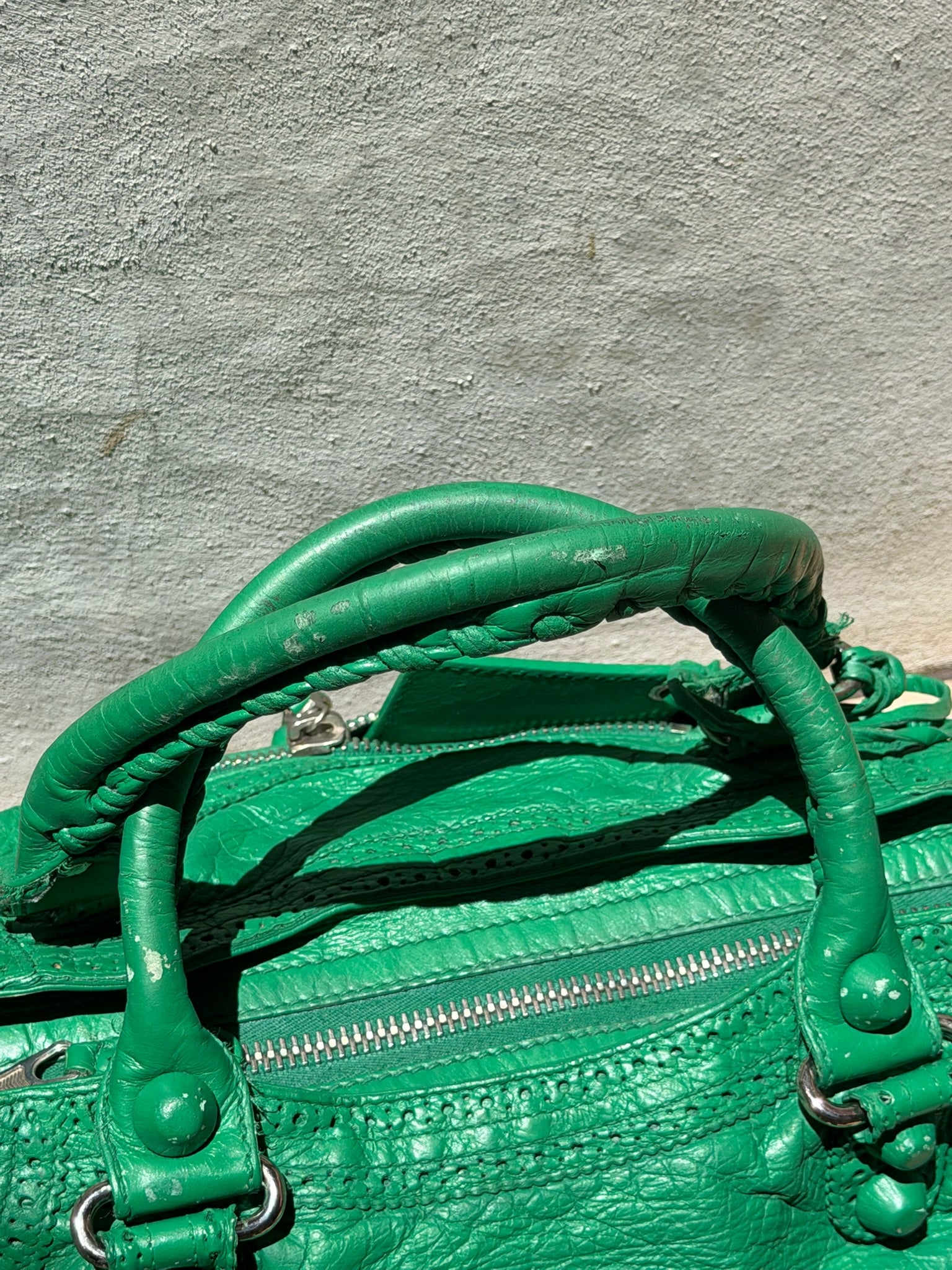 Balenciaga City Brogue Bag – Emerald Green Perforated Motorcycle Leather (2010s)