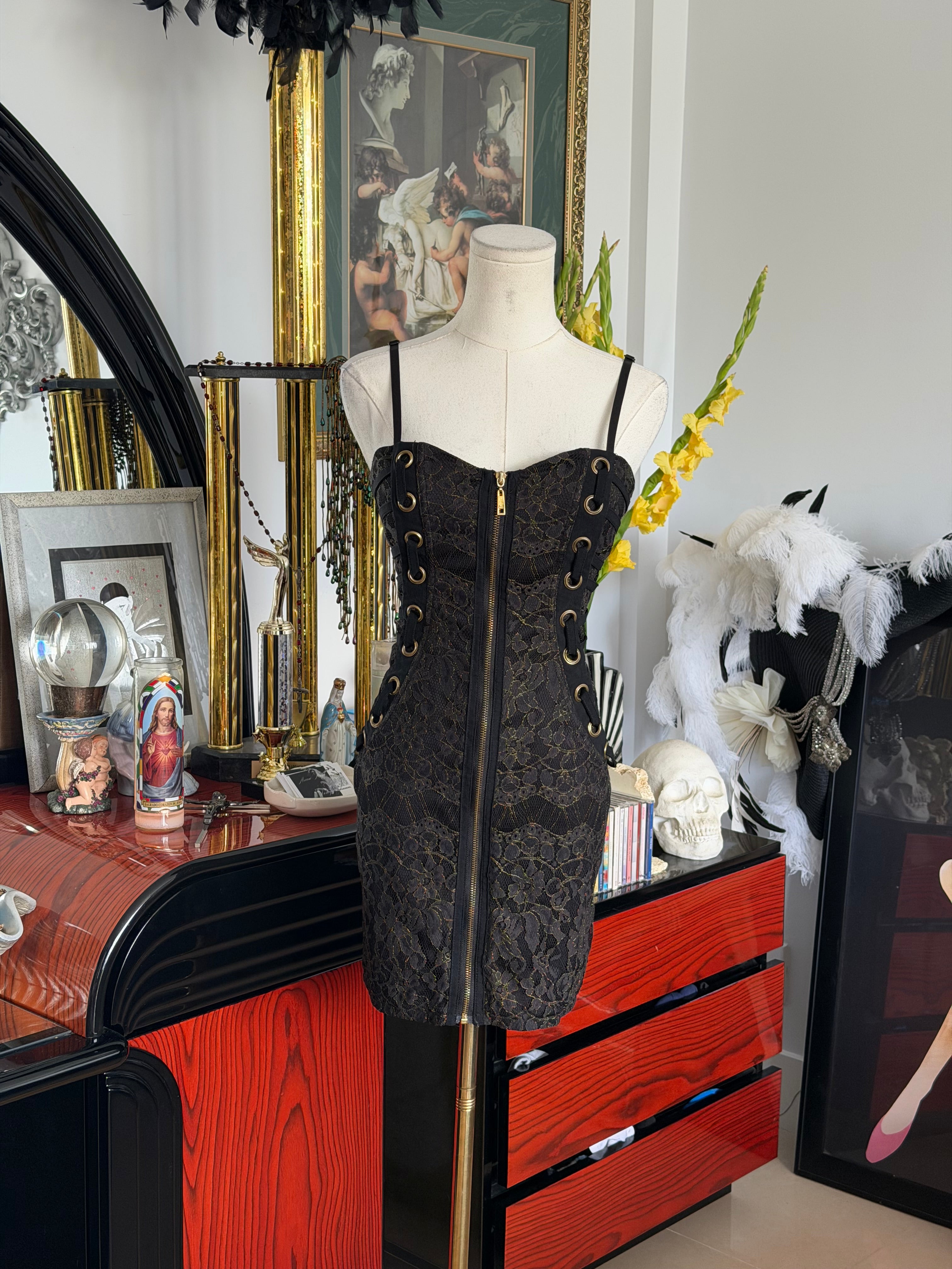 Entry Black Lace Corset Lace-Up Mini Dress