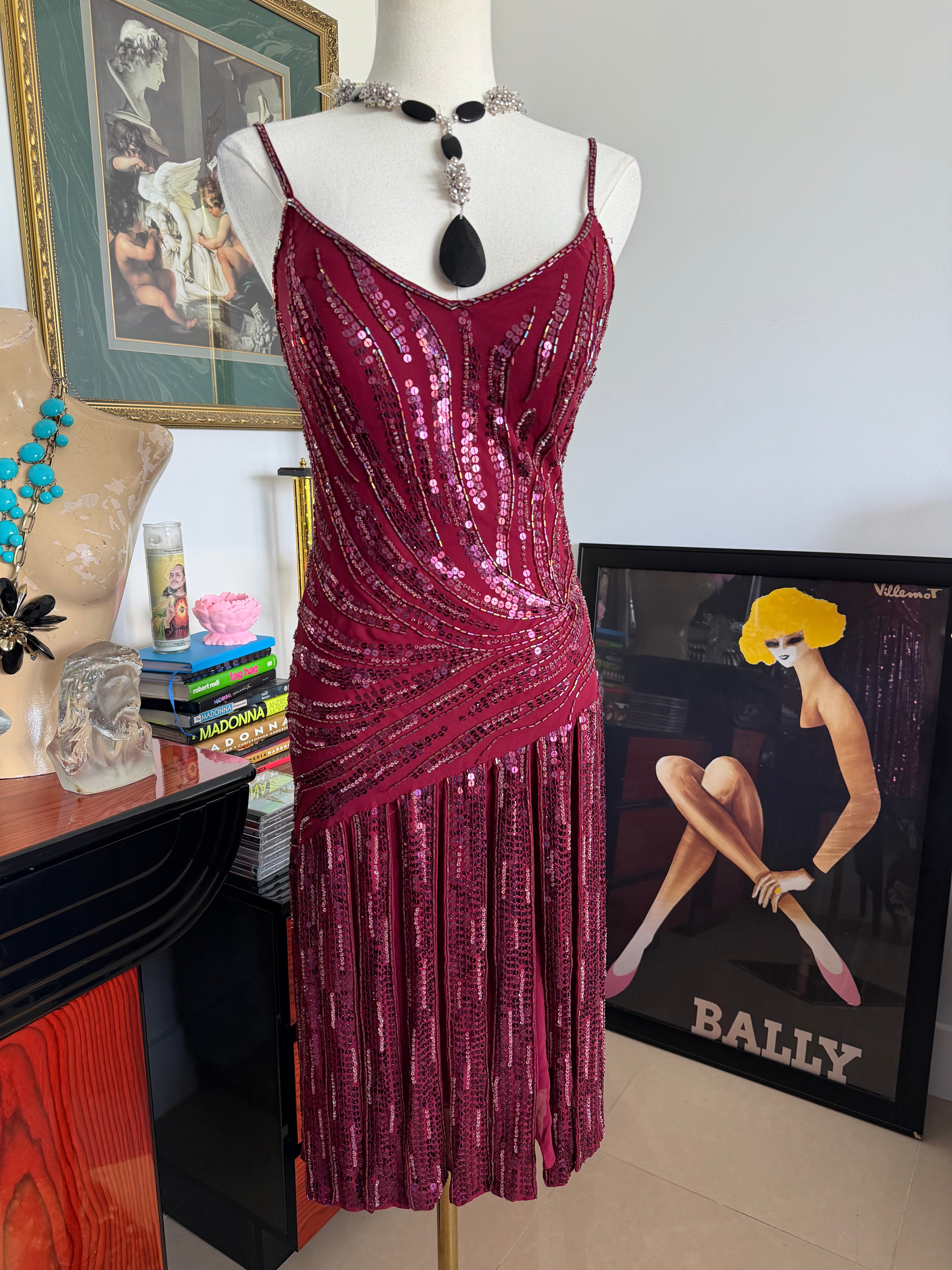 Vintage Sue Wong Burgundy Silk Beaded Cocktail Dress – Size 6
