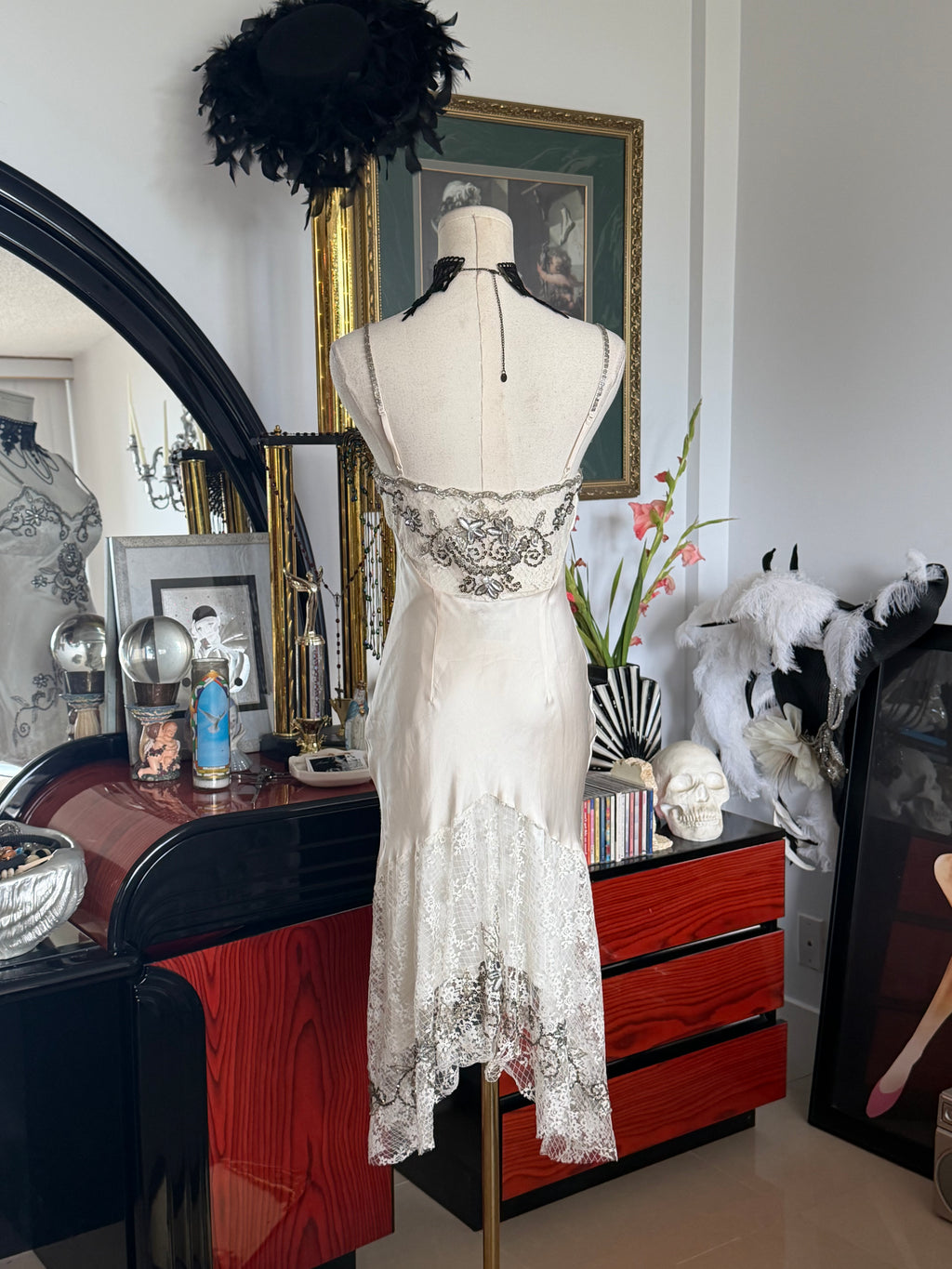 Vintage Sue Wong  Ivory Silk Beaded Lace Dress