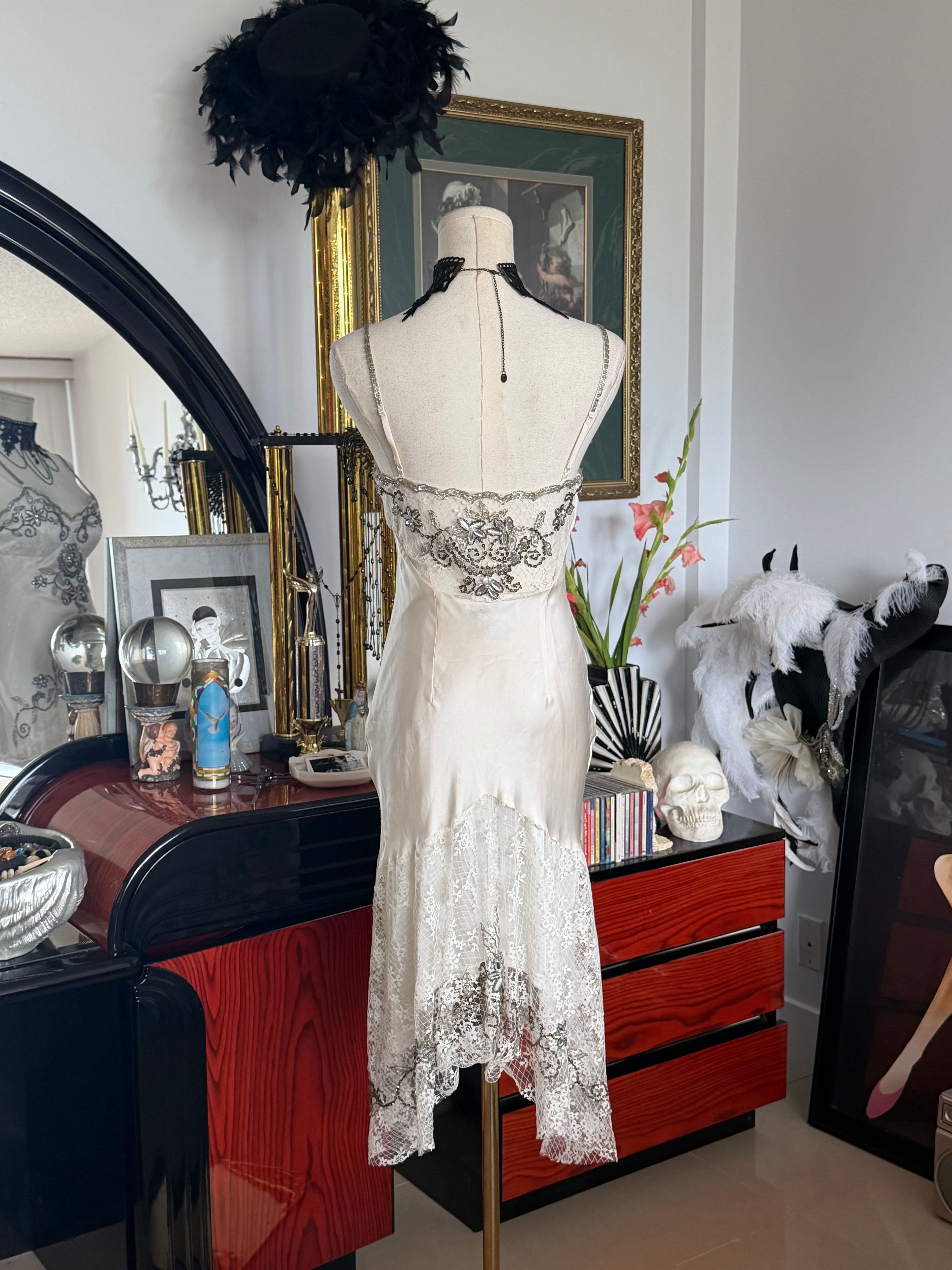 Vintage Sue Wong  Ivory Silk Beaded Lace Dress