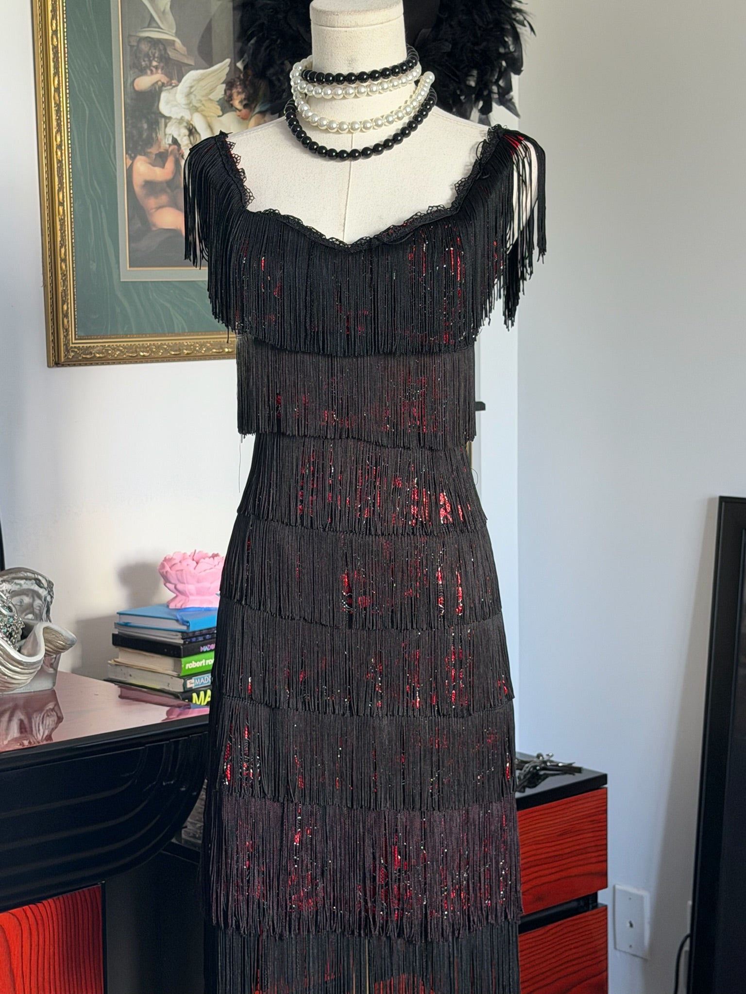 Vintage Morgan & Co. Black Fringe & Red Sequin Dress