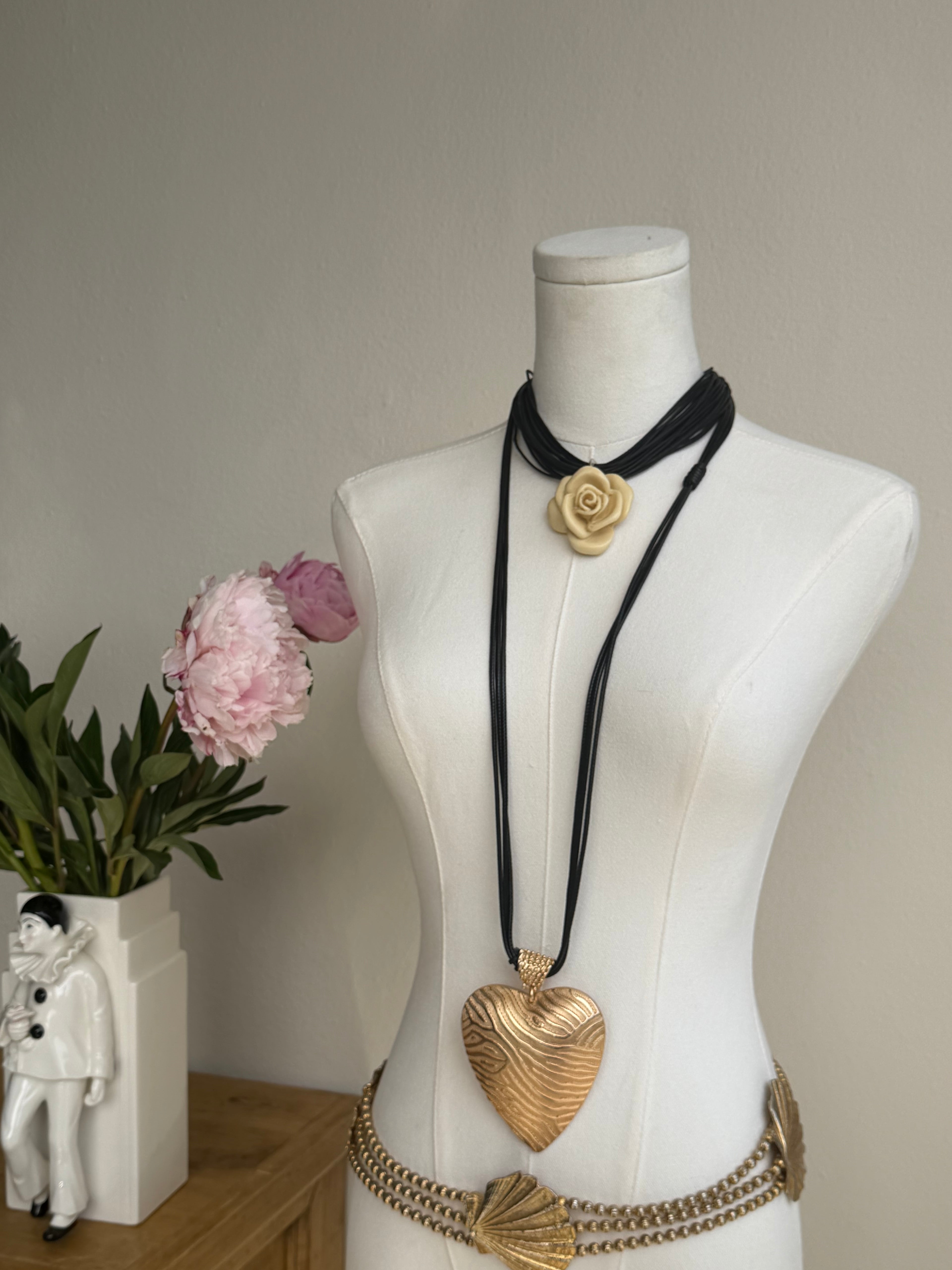 Gold Textured Heart Long Pendant Necklace