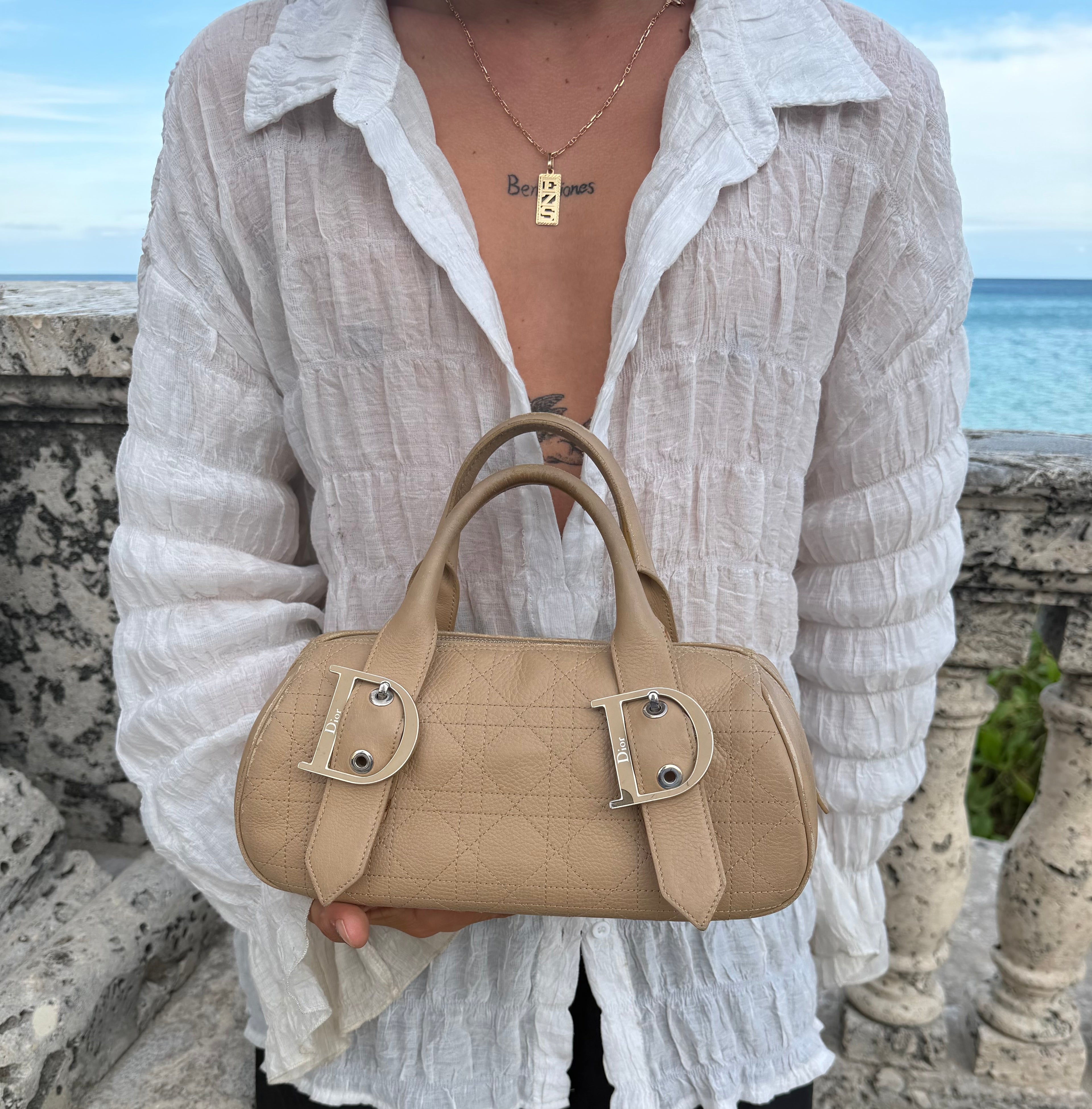 Vintage Christian Dior Street Chic Bowling Bag in Beige Leather – Galliano Era 2000s