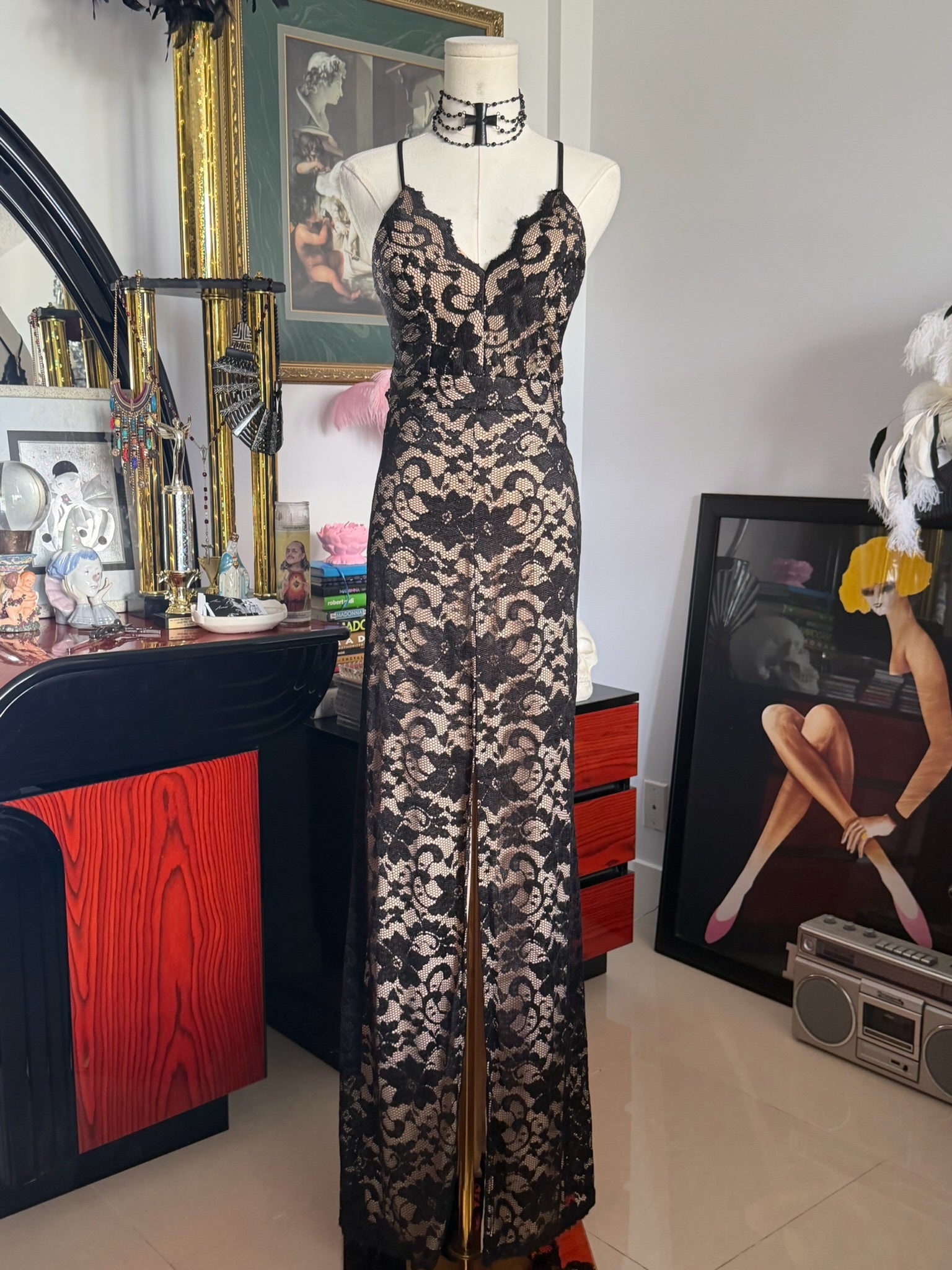 Y2K Black Lace Cutout Maxi Dress | Open Back Evening Gown | Size S