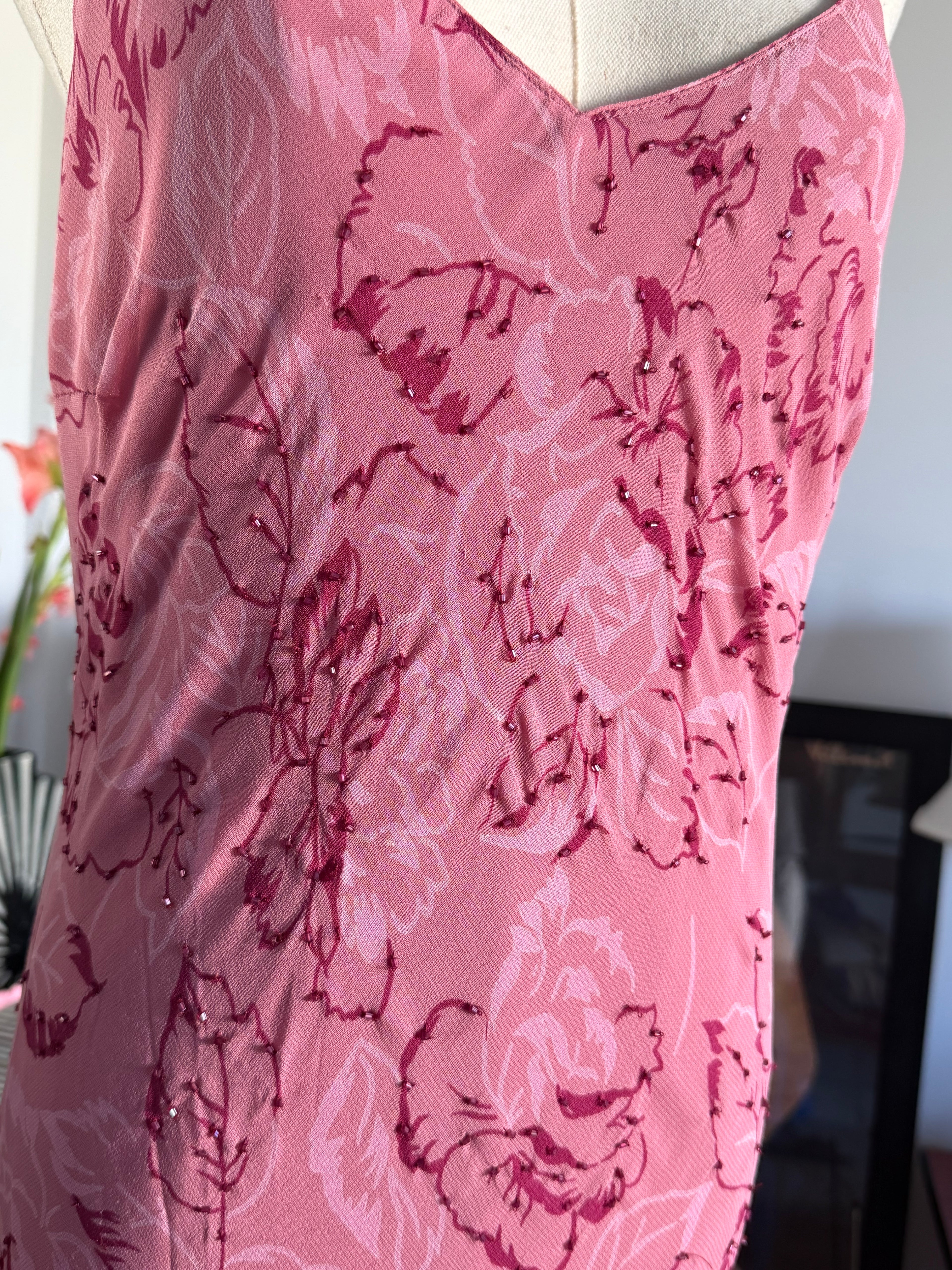 Eva Blue Pink Beaded Floral High-Low Maxi Dress L-XL