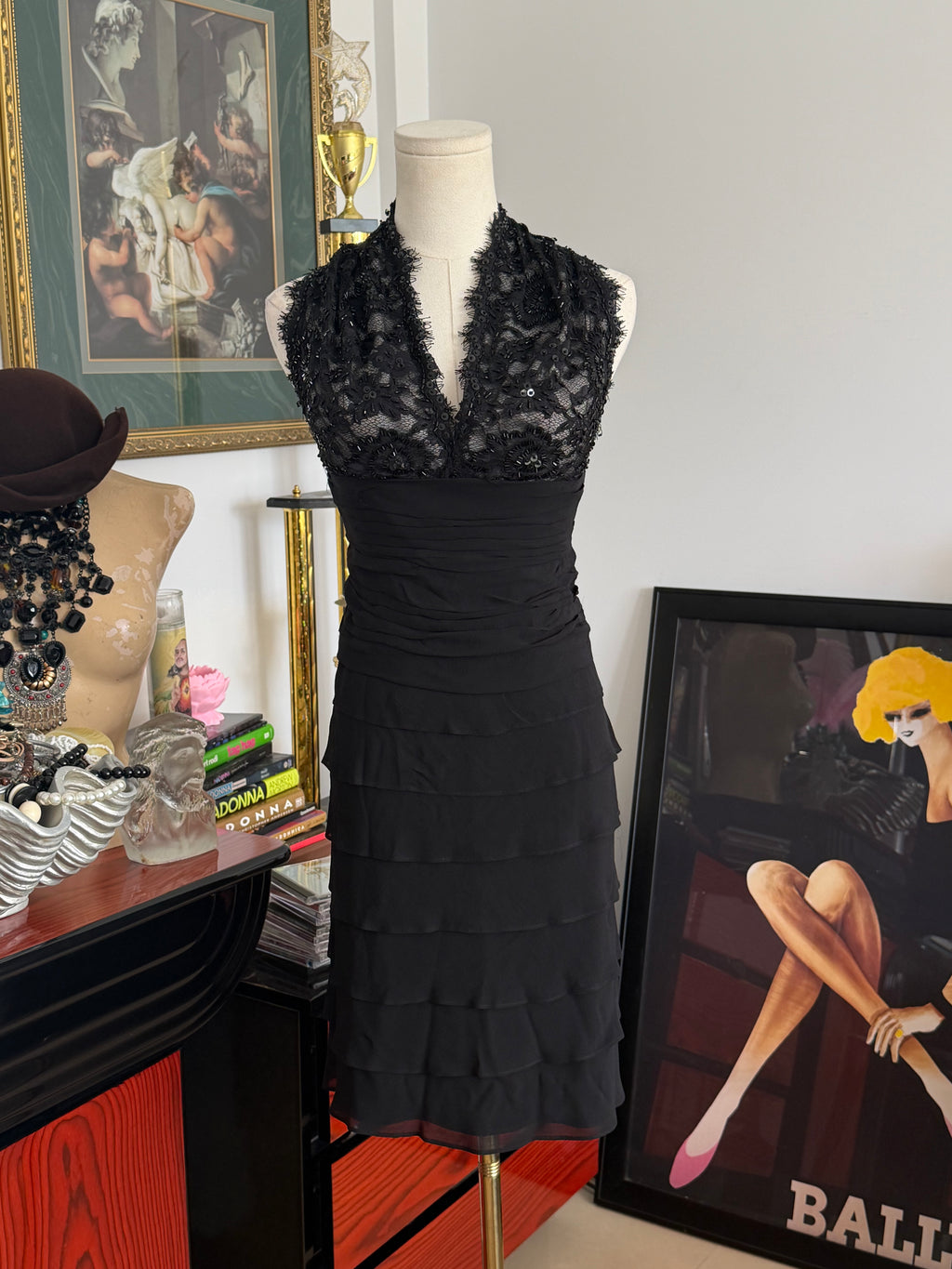 Tadashi Black Silk Beaded Halter Cocktail Dress S-M