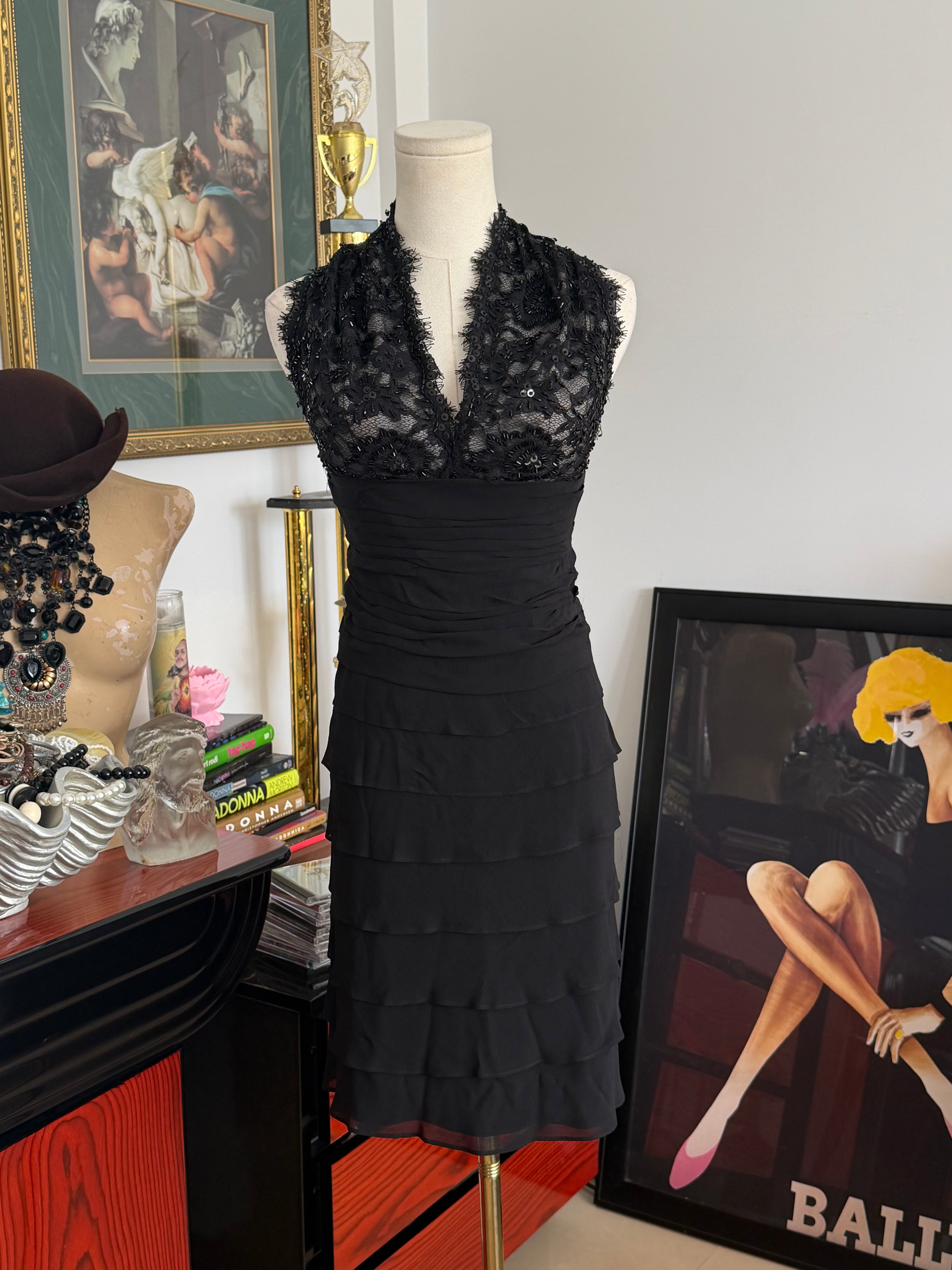 Tadashi Black Silk Beaded Halter Cocktail Dress S-M