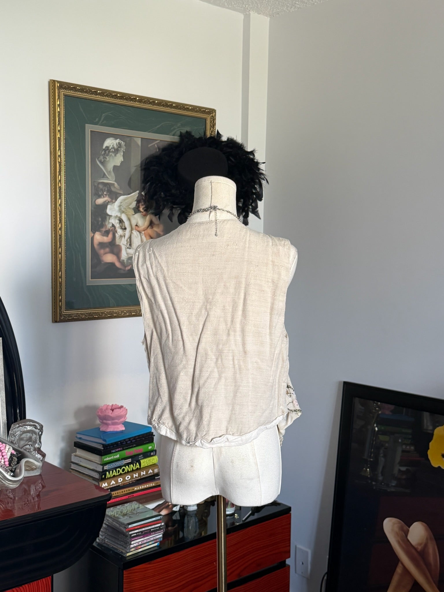 Vintage Mini Mode Embroidered Linen Blend Vest | Floral Boho | Size S