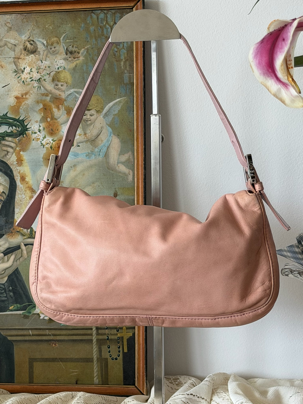 Fendi Blush Pink Nappa Leather Baguette Bag with Yellow FF Clasp (2003-2005)