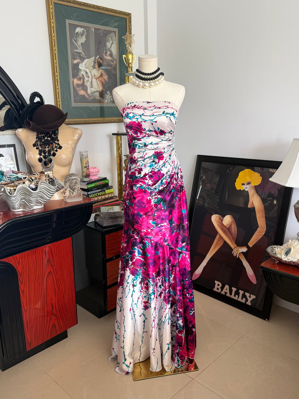 Cache Floral Satin Strapless Maxi Dress - M
