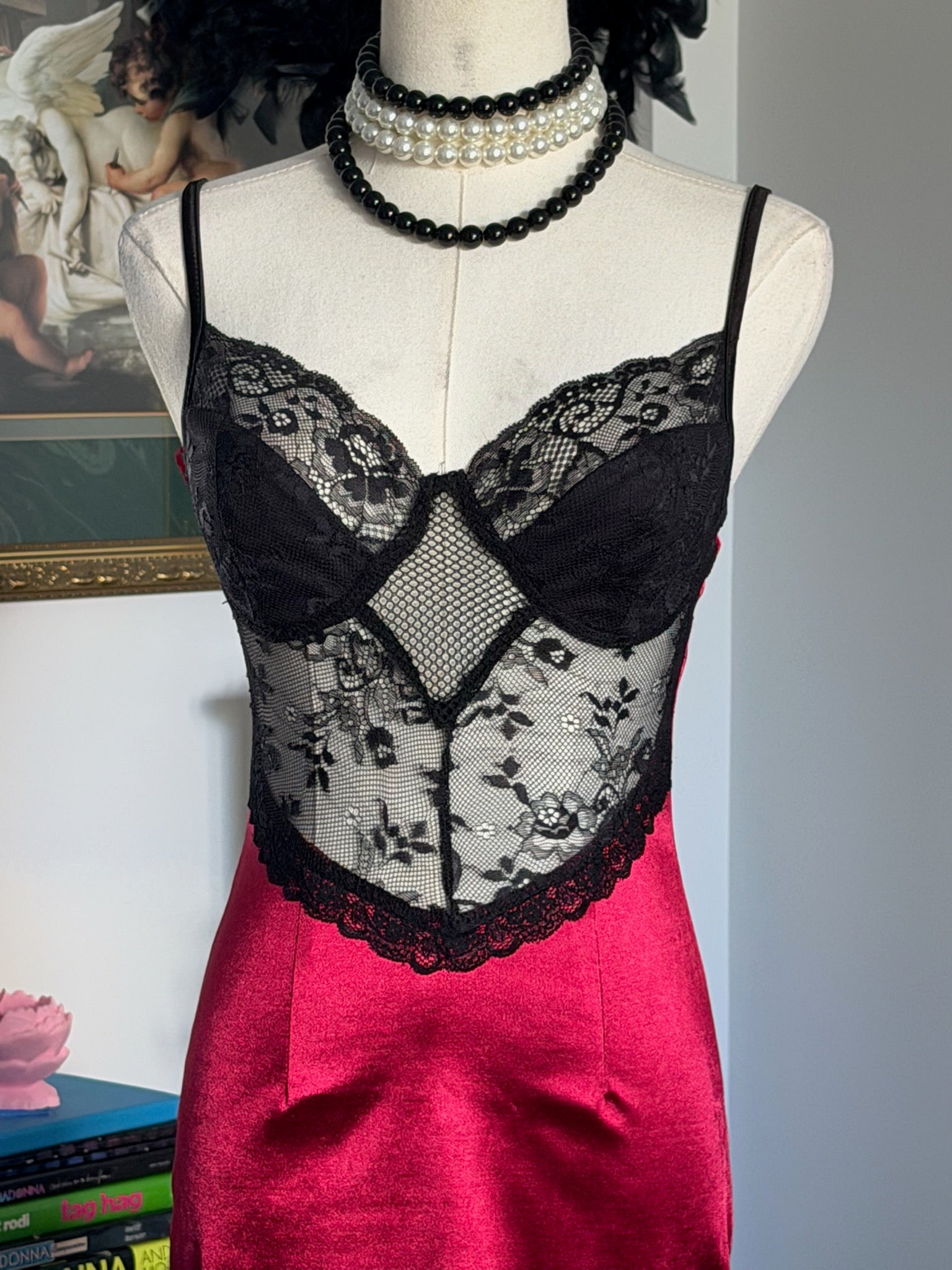 CEFIAN Lace Corset Satin Slip Dress – Black & Ruby Red | Size S