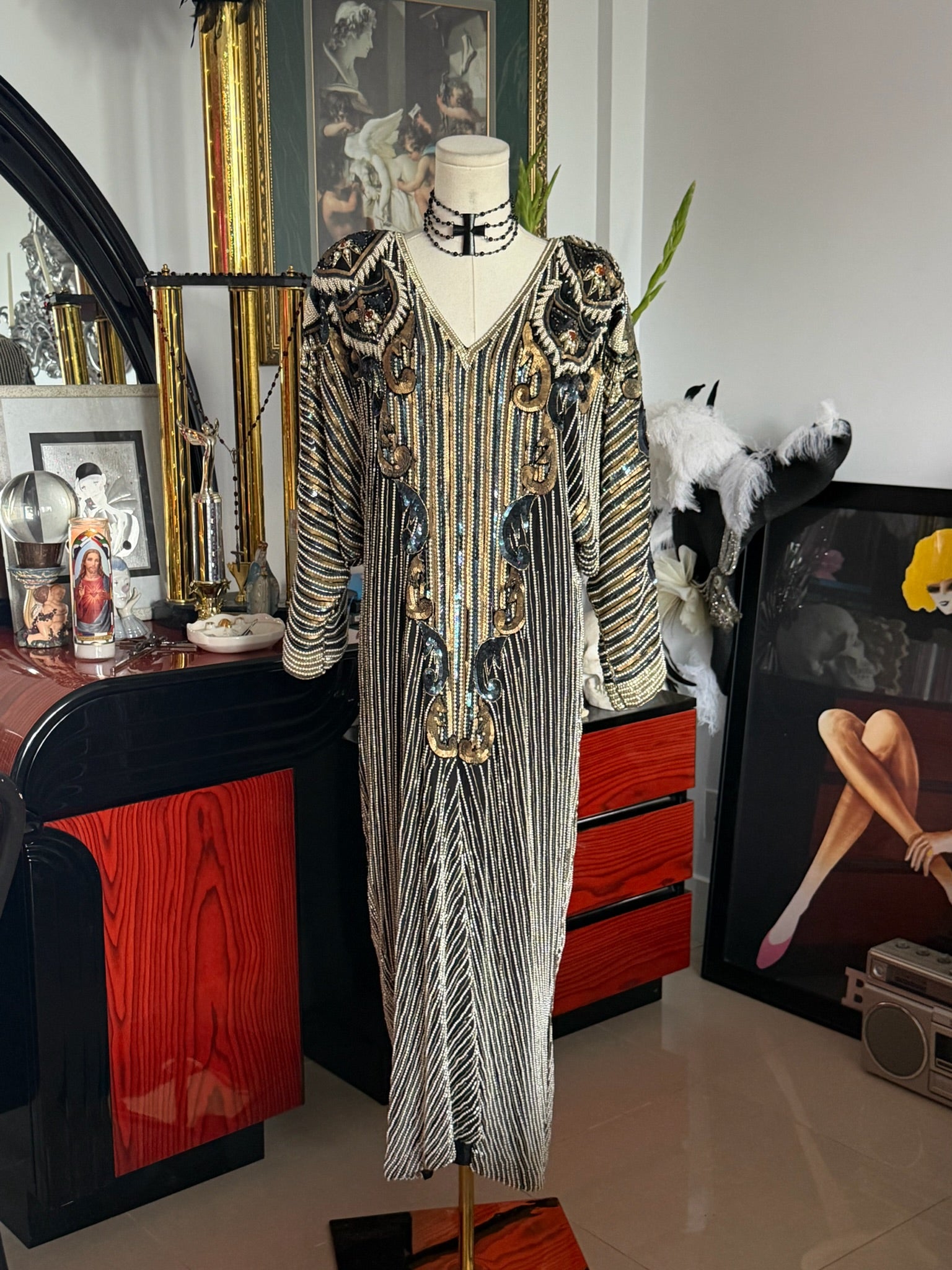 Vintage Fully Beaded Art Deco Evening Gown