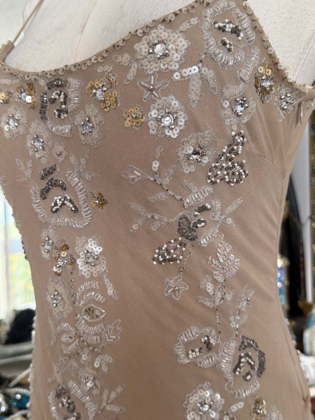 Sue Wong 100% Silk Hand Beaded Champagne Ruffle Dress