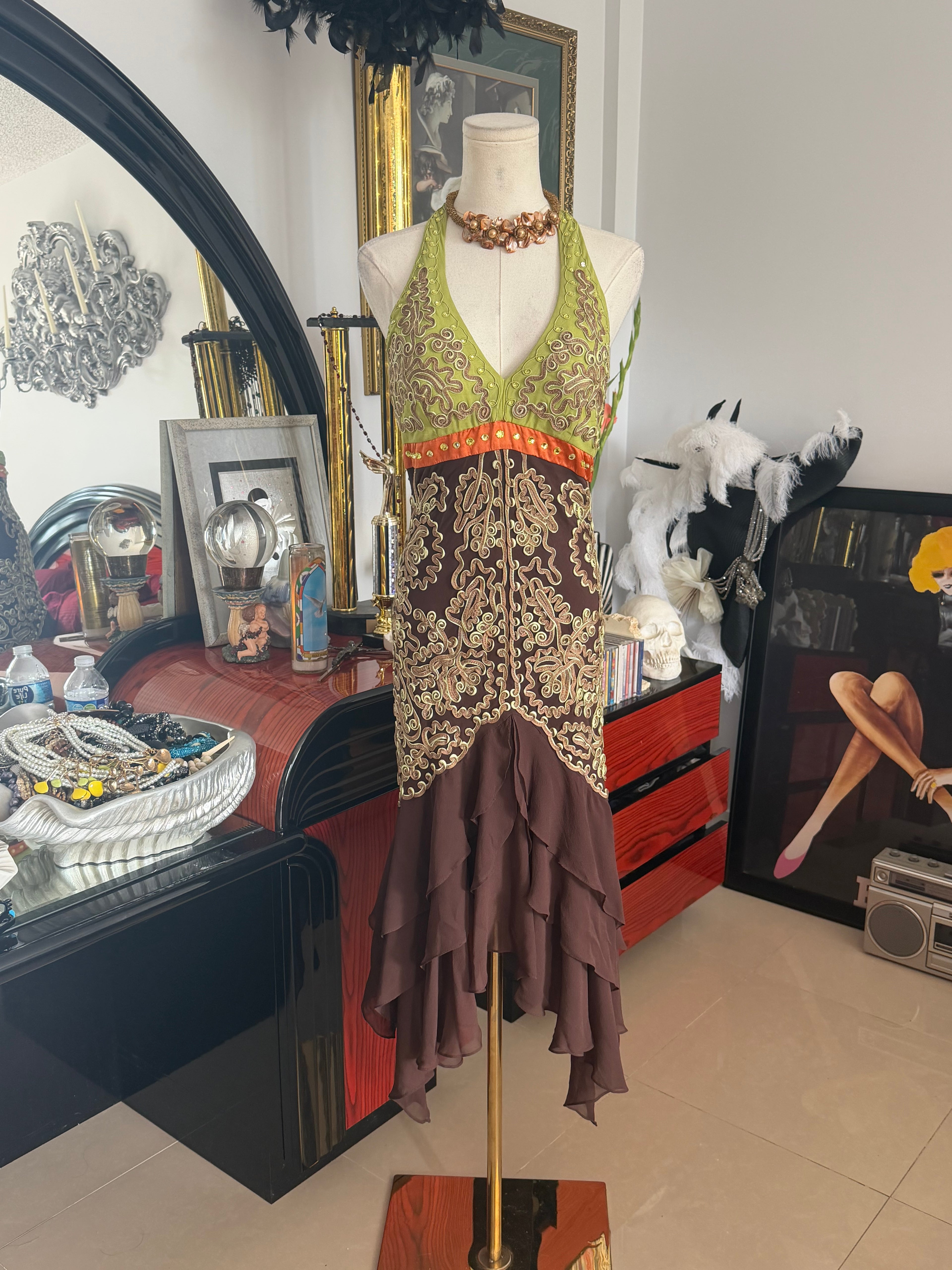 Vintage Sue Wong Couture 100% Silk Embroidered Halter Midi Dress | Size 6