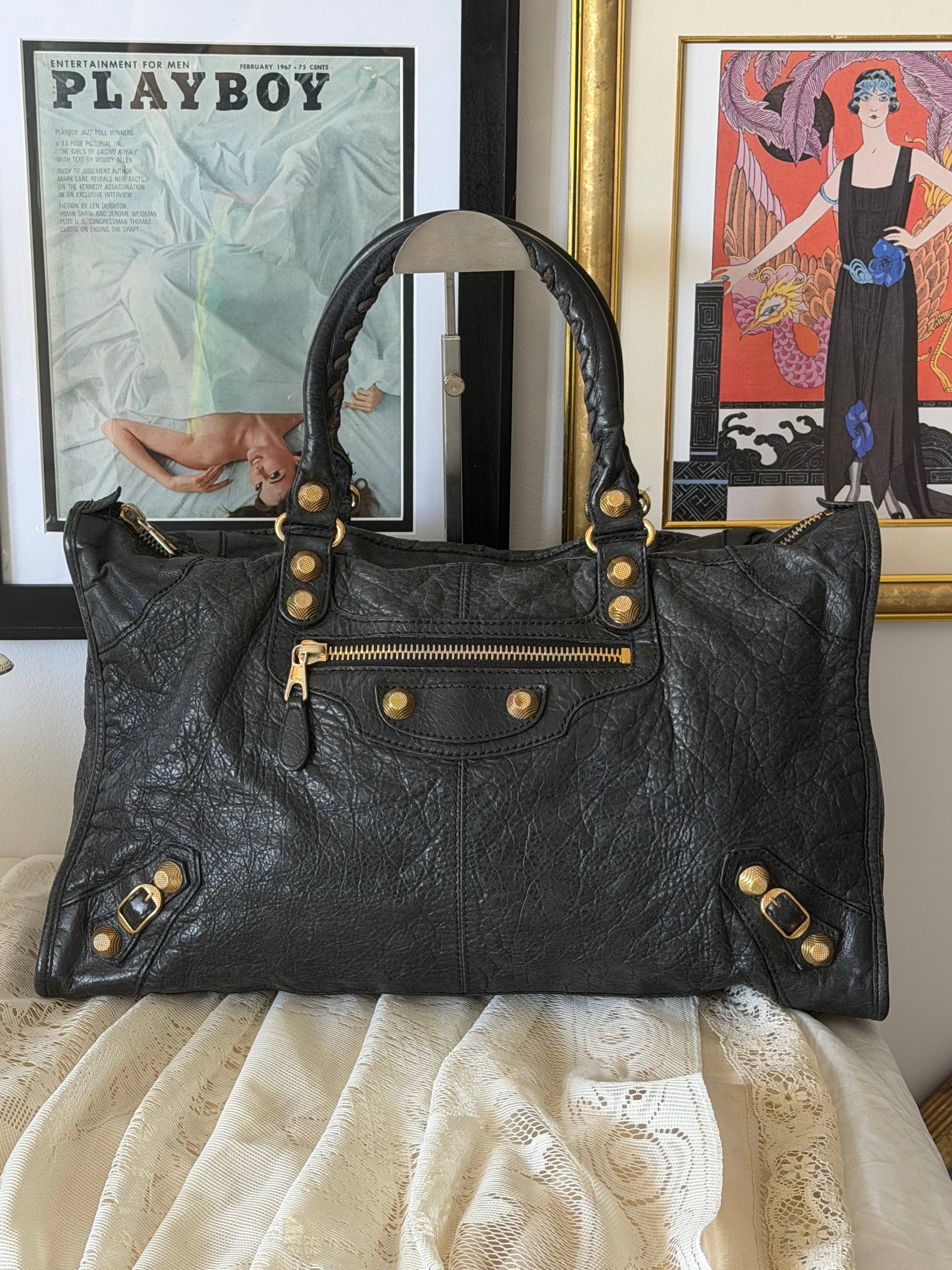 Vintage Balenciaga Giant Work Bag – Black Leather with Gold Hardware