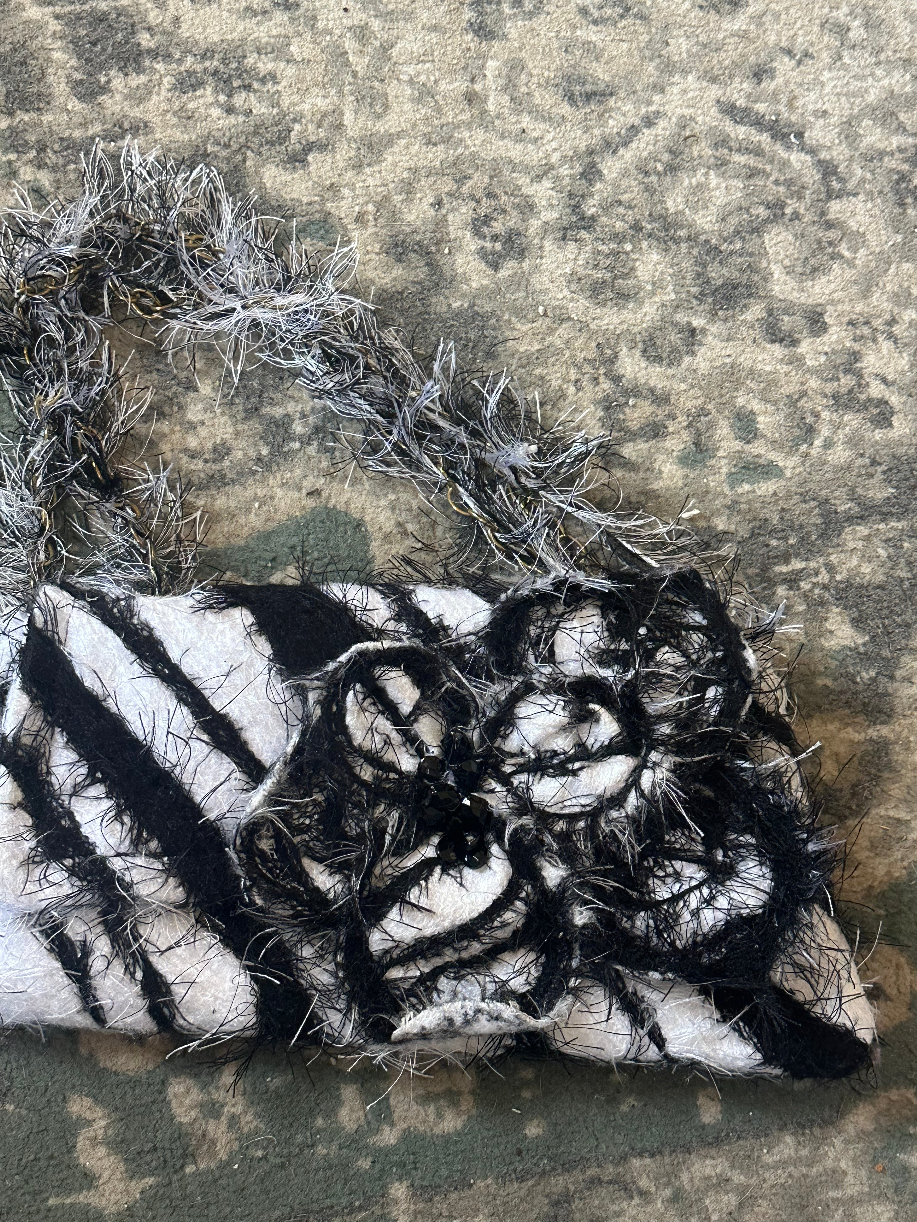 Vintage Black & White Textured Floral Shoulder Bag