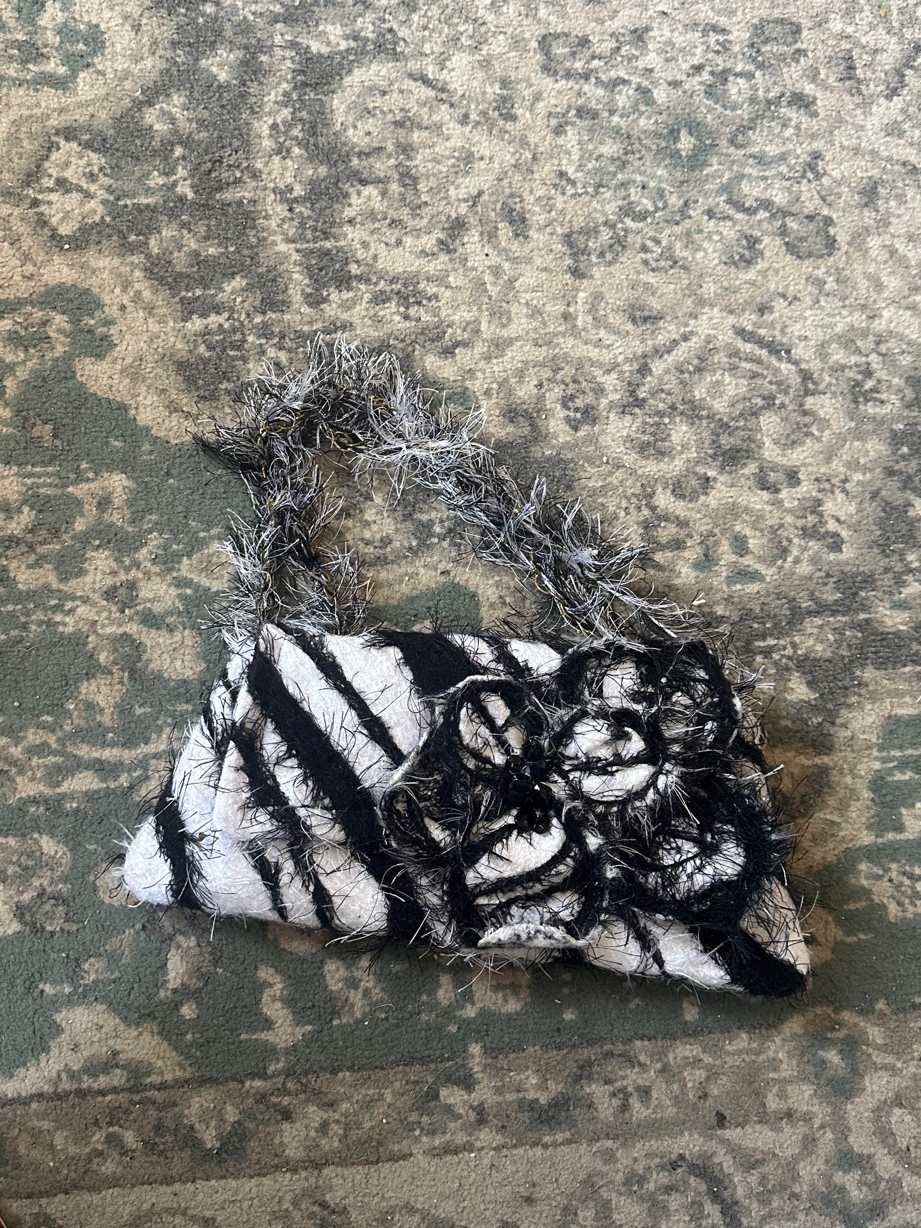 Vintage Black & White Textured Floral Shoulder Bag