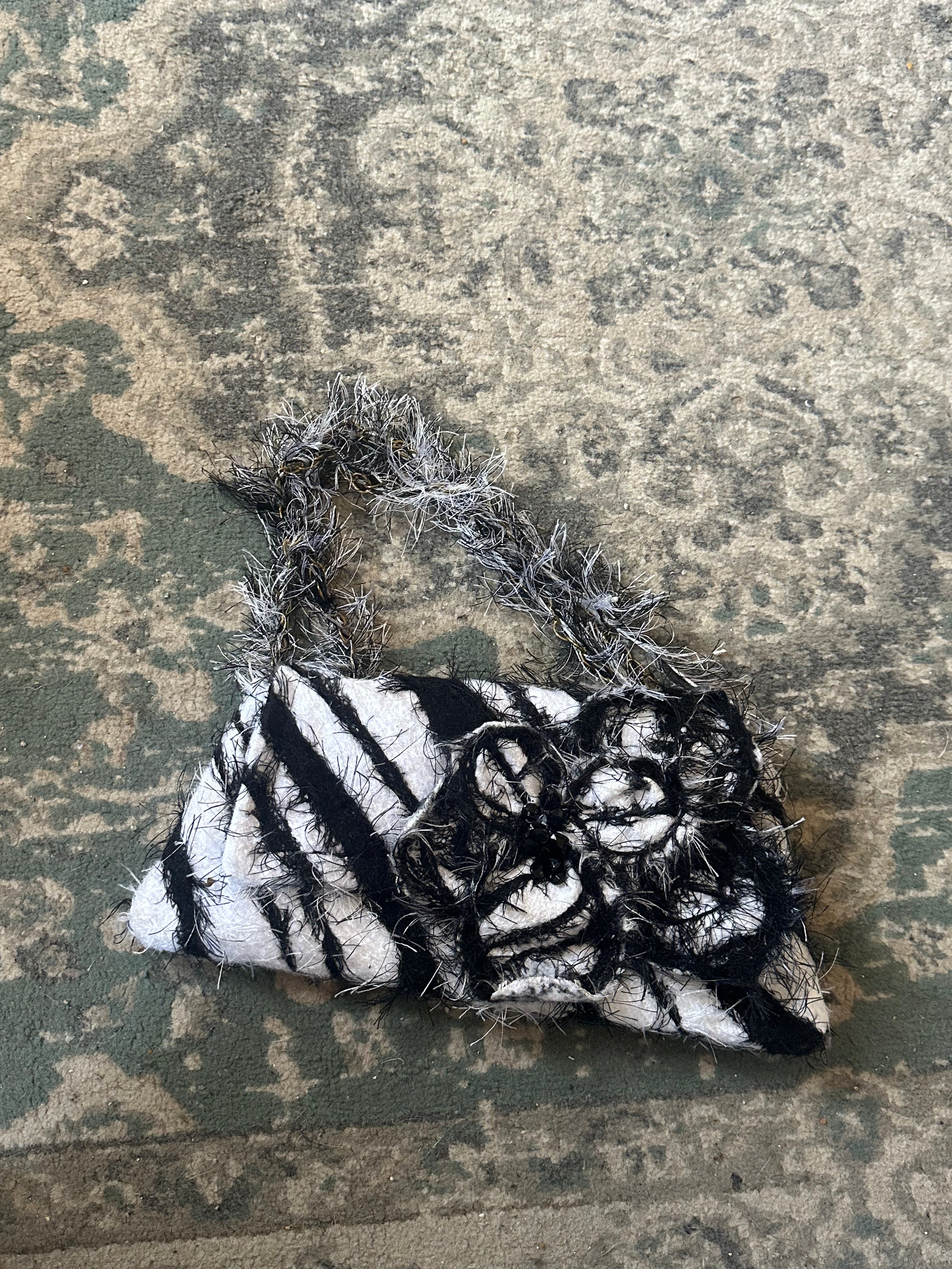 Vintage Black & White Textured Floral Shoulder Bag