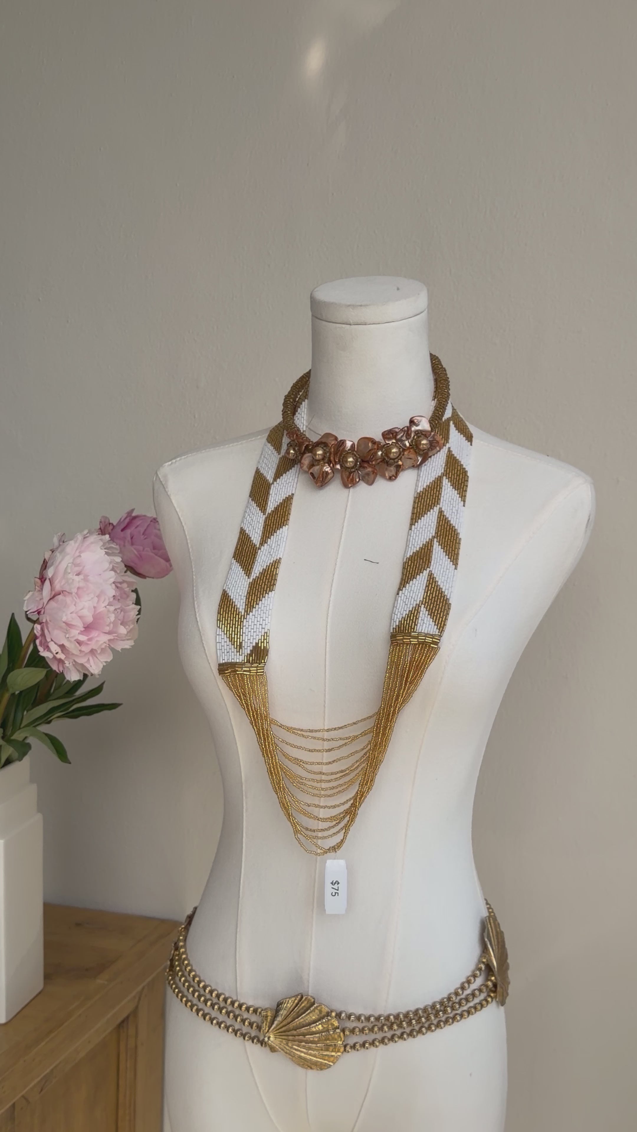 Gold & White Chevron Beaded Fringe Necklace