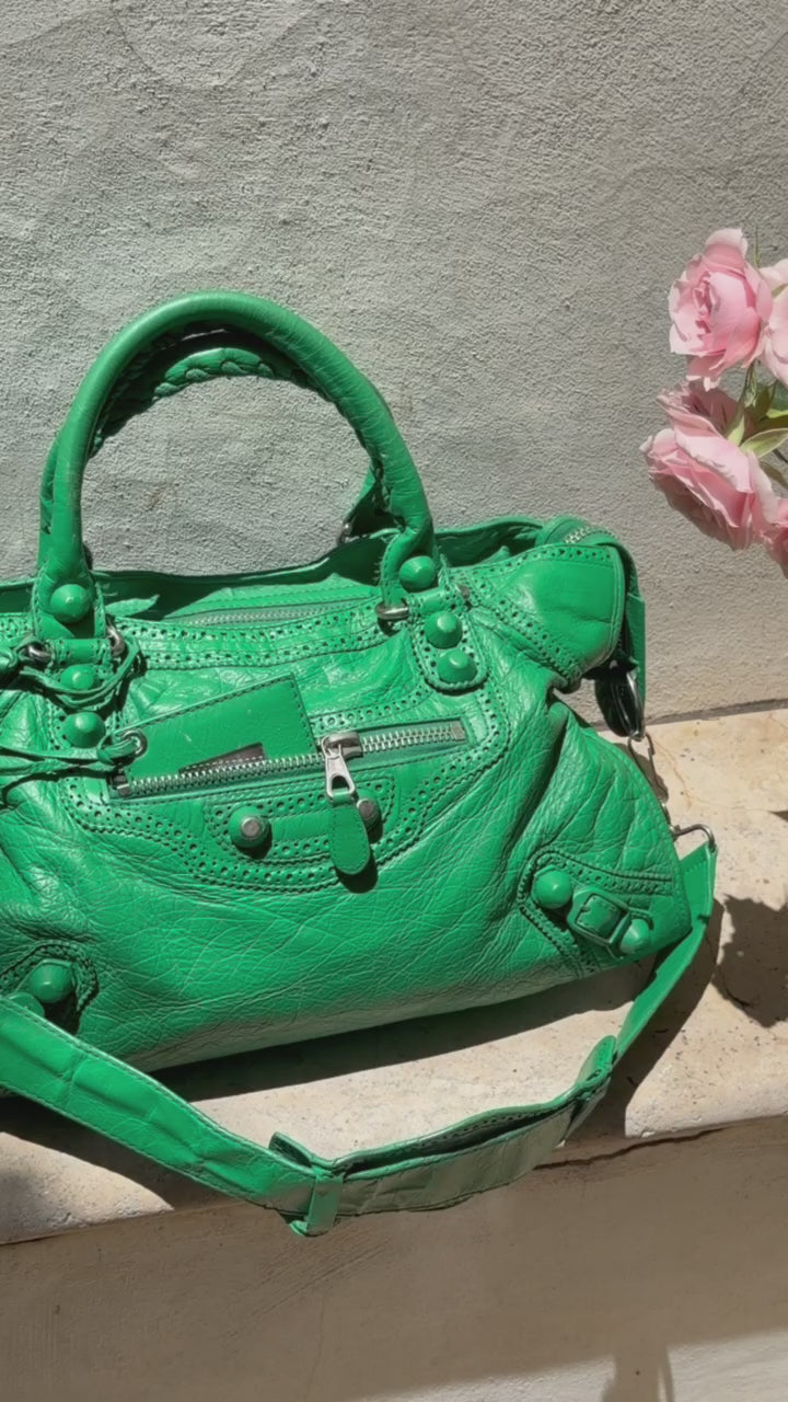 Balenciaga City Brogue Bag – Emerald Green Perforated Motorcycle Leather (2010s)