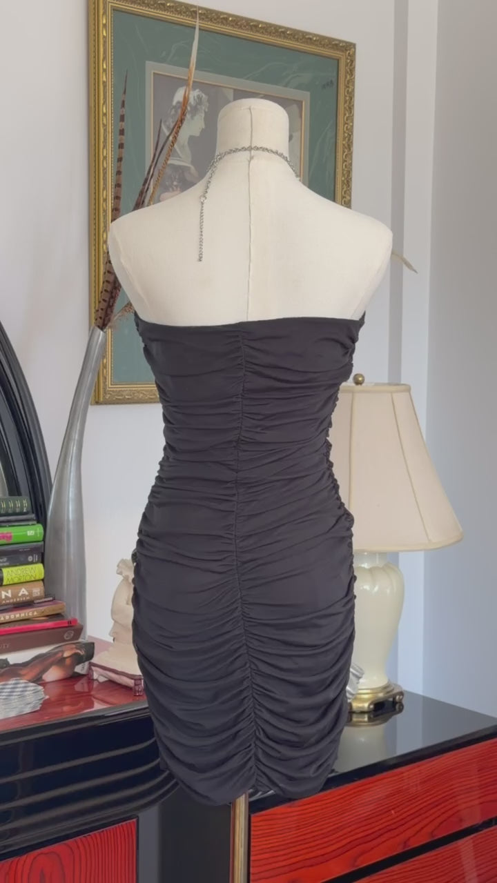 Black Ruched Strapless Mini Dress tag M
