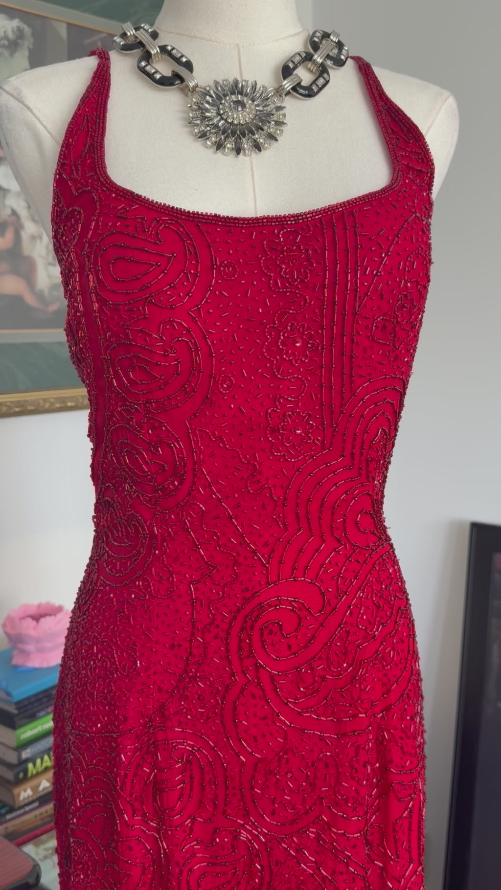 Vintage Cache Deadstock Fully Beaded Red Gown