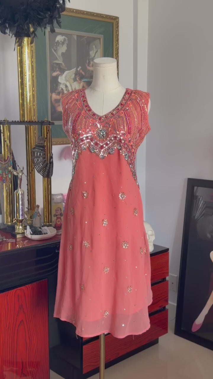 Vintage heavily beaded coral cocktail dress -M